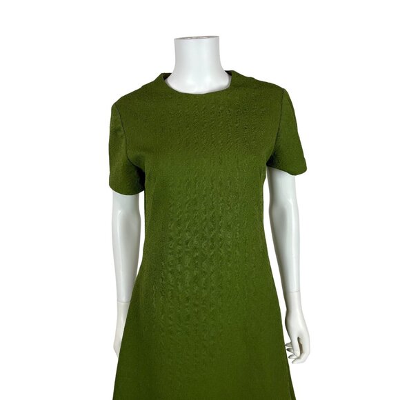 Vintage 60s Babydoll Dress Womens Medium Mod Mini Textured Avocado Green Shift - Picture 3 of 11